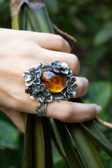 Sunlit Bloom: Citrine & Garnet Floral Ring, AR-7308