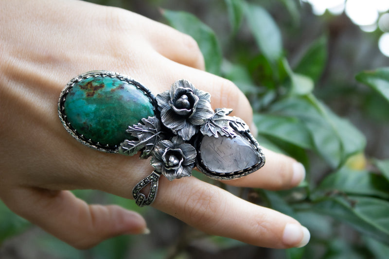 Nature's Serenade: Turquoise & Rutilated Quartz Ring. AR-6921