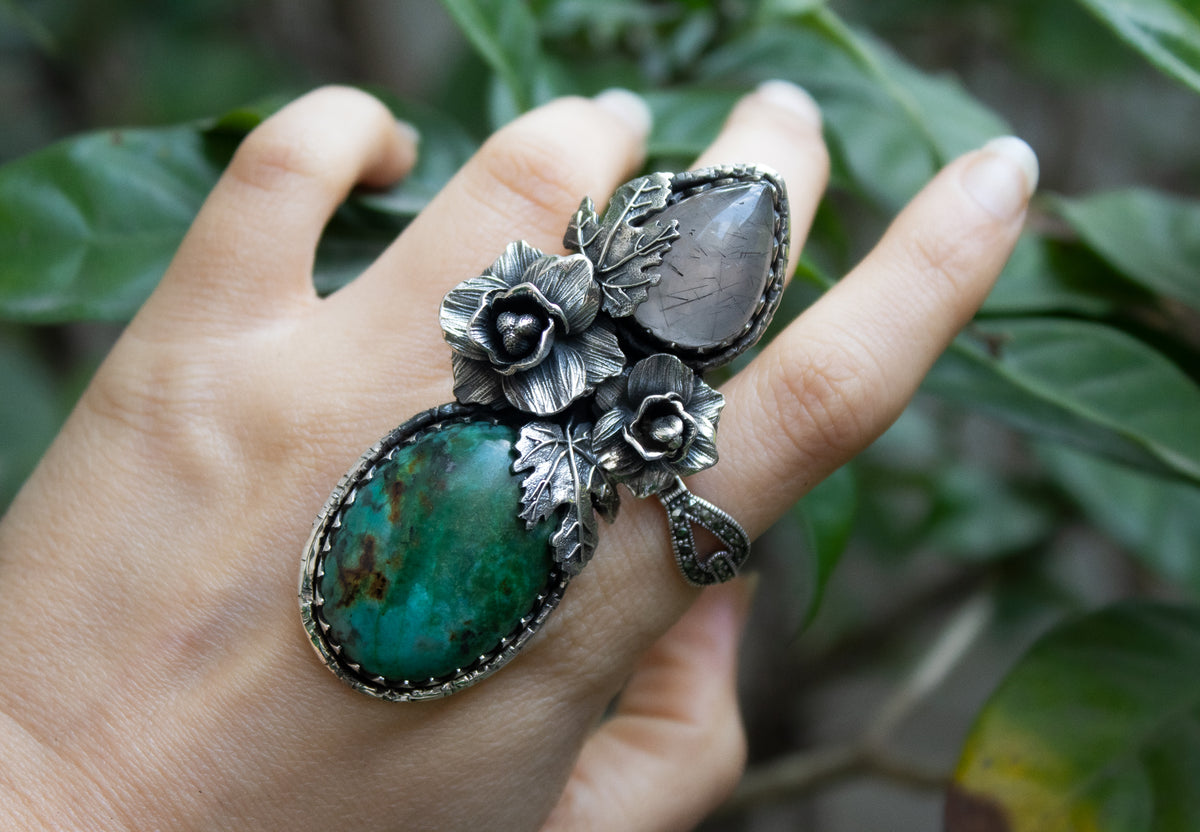 Nature's Serenade: Turquoise & Rutilated Quartz Ring. AR-6921