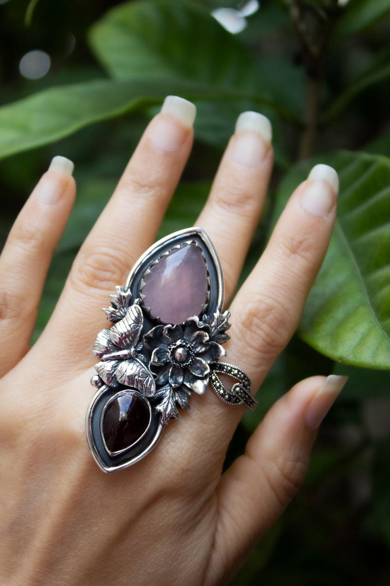 Veloura Bloom: Rose Quartz & Garnet Ring, AR-7796