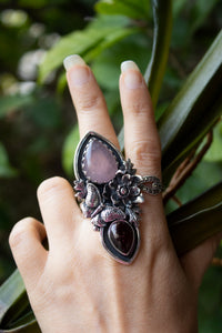 Veloura Bloom: Rose Quartz & Garnet Ring, AR-7796
