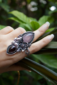 Veloura Bloom: Rose Quartz & Garnet Ring, AR-7796