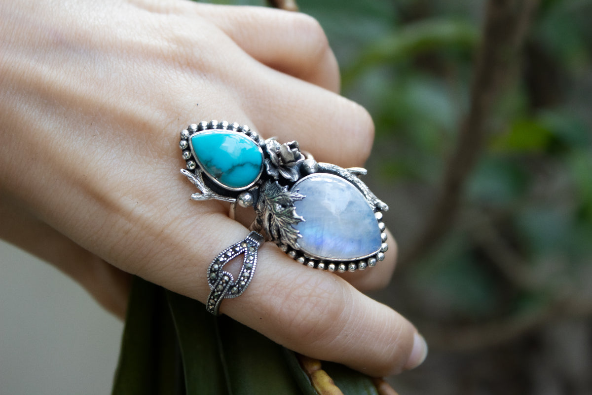 Artisan's Embrace: Moonstone & Turquoise Ring, AR-6920