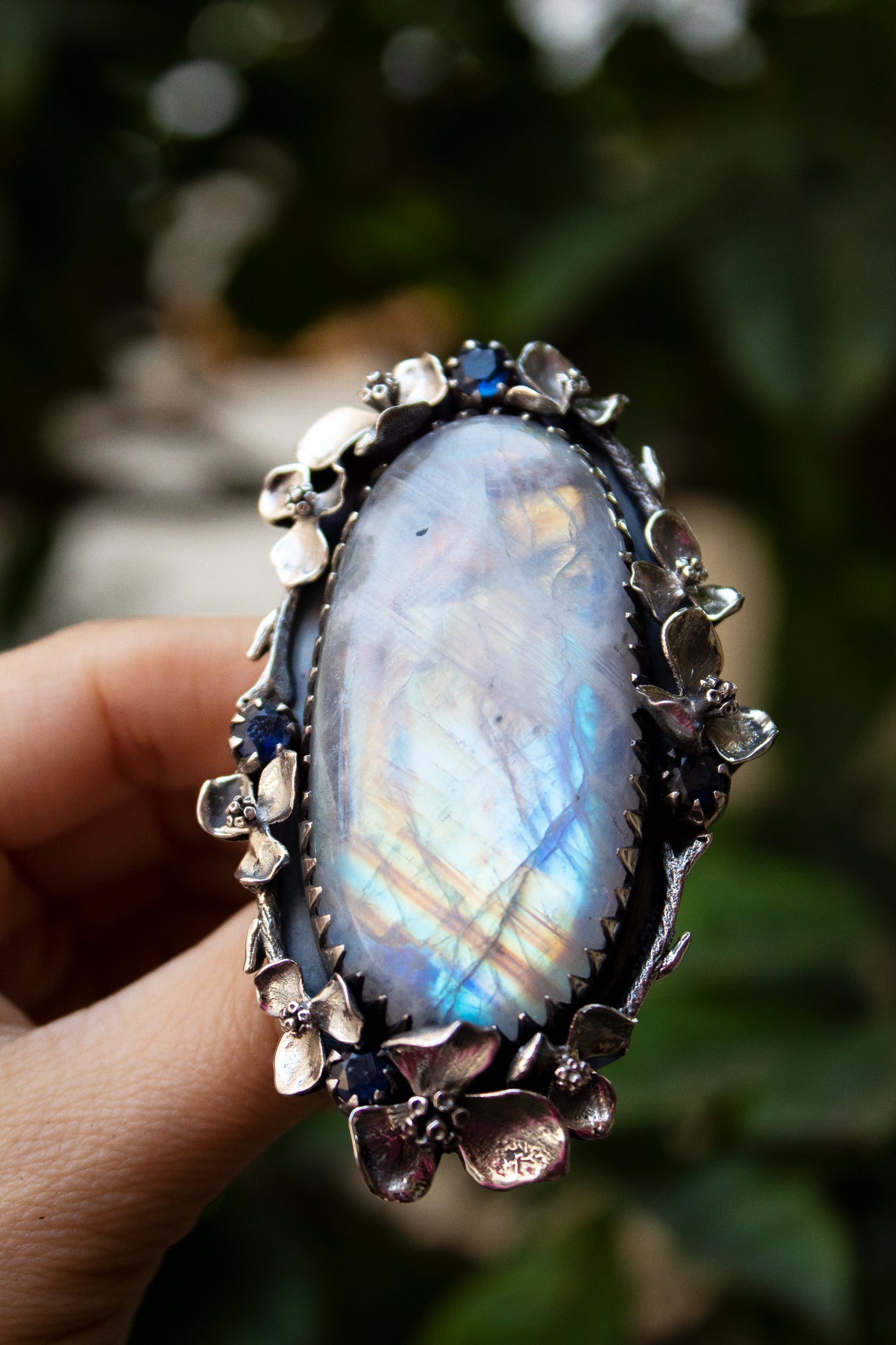 Lunar Bloom: Moonstone & Kyanite Garden Ring, AR-7321