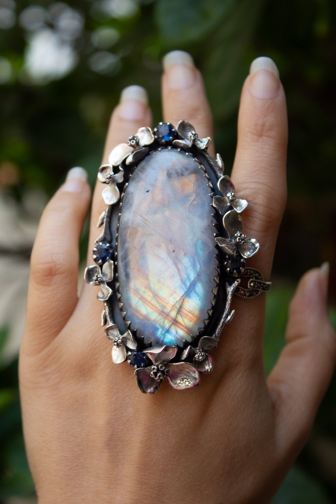 Lunar Bloom: Moonstone & Kyanite Garden Ring, AR-7321