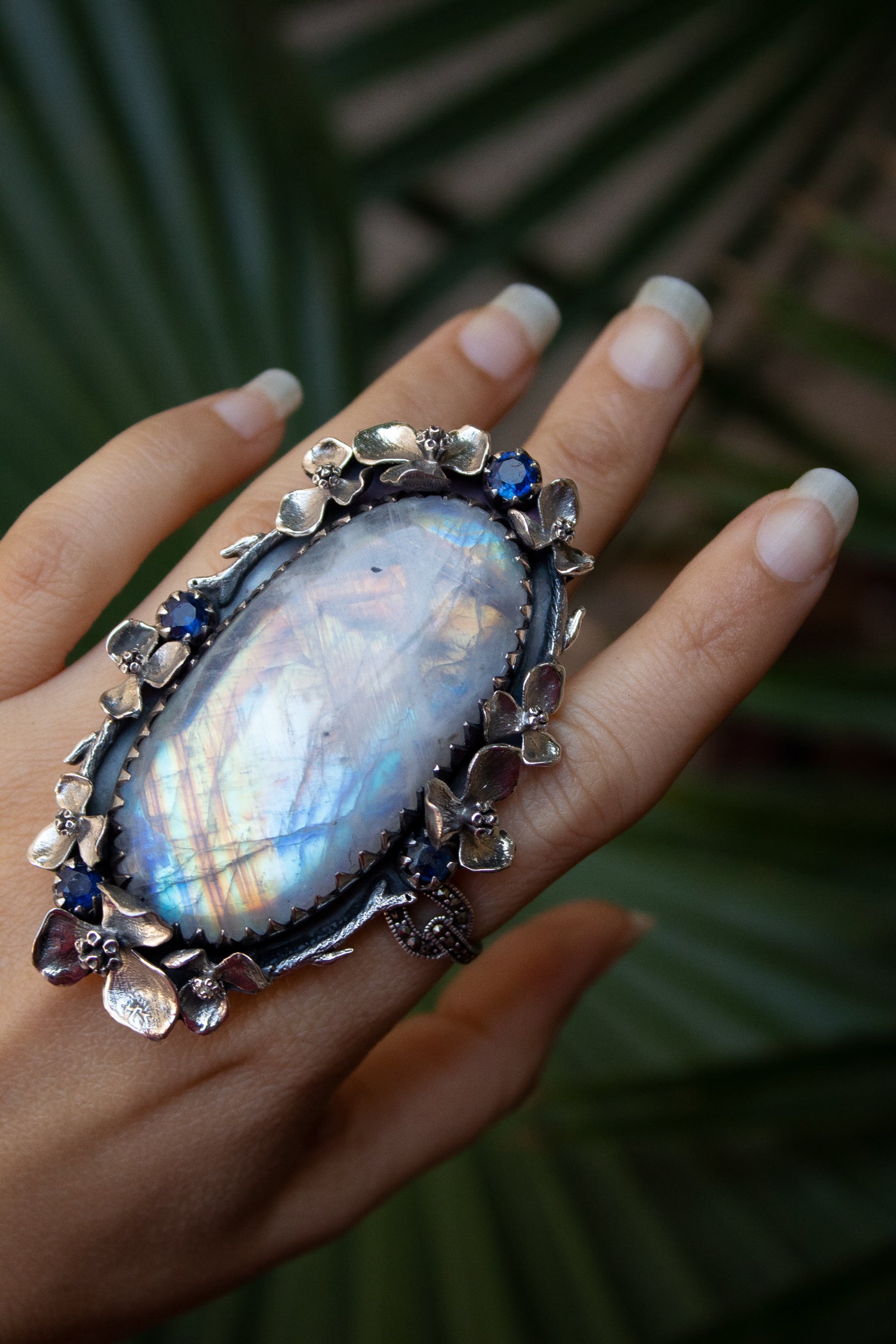 Lunar Bloom: Moonstone & Kyanite Garden Ring, AR-7321