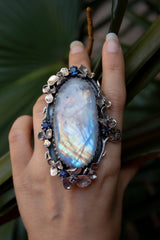 Lunar Bloom: Moonstone & Kyanite Garden Ring, AR-7321