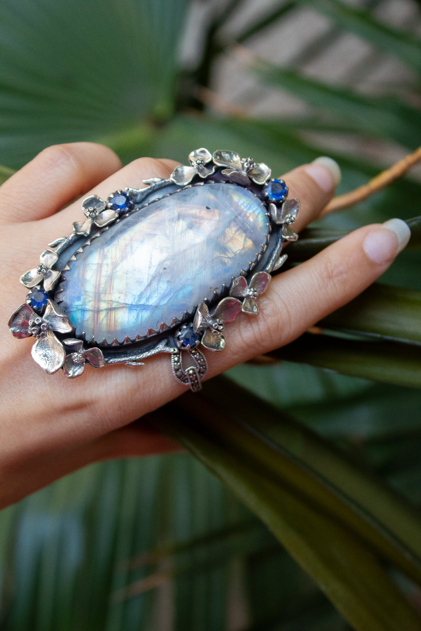 Lunar Bloom: Moonstone & Kyanite Garden Ring, AR-7321