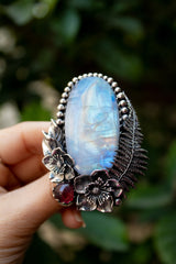 Ethereal Fern – Rainbow Moonstone & Pink Tourmaline Statement Ring, AR- 7345