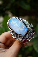 Ethereal Fern – Rainbow Moonstone & Pink Tourmaline Statement Ring, AR- 7345