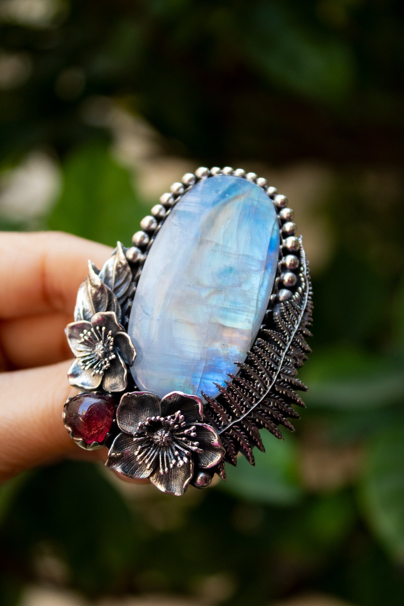 Ethereal Fern – Rainbow Moonstone & Pink Tourmaline Statement Ring, AR- 7345