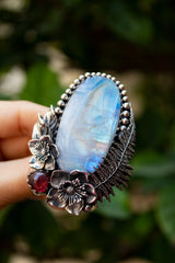 Ethereal Fern – Rainbow Moonstone & Pink Tourmaline Statement Ring, AR- 7345