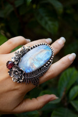 Ethereal Fern – Rainbow Moonstone & Pink Tourmaline Statement Ring, AR- 7345