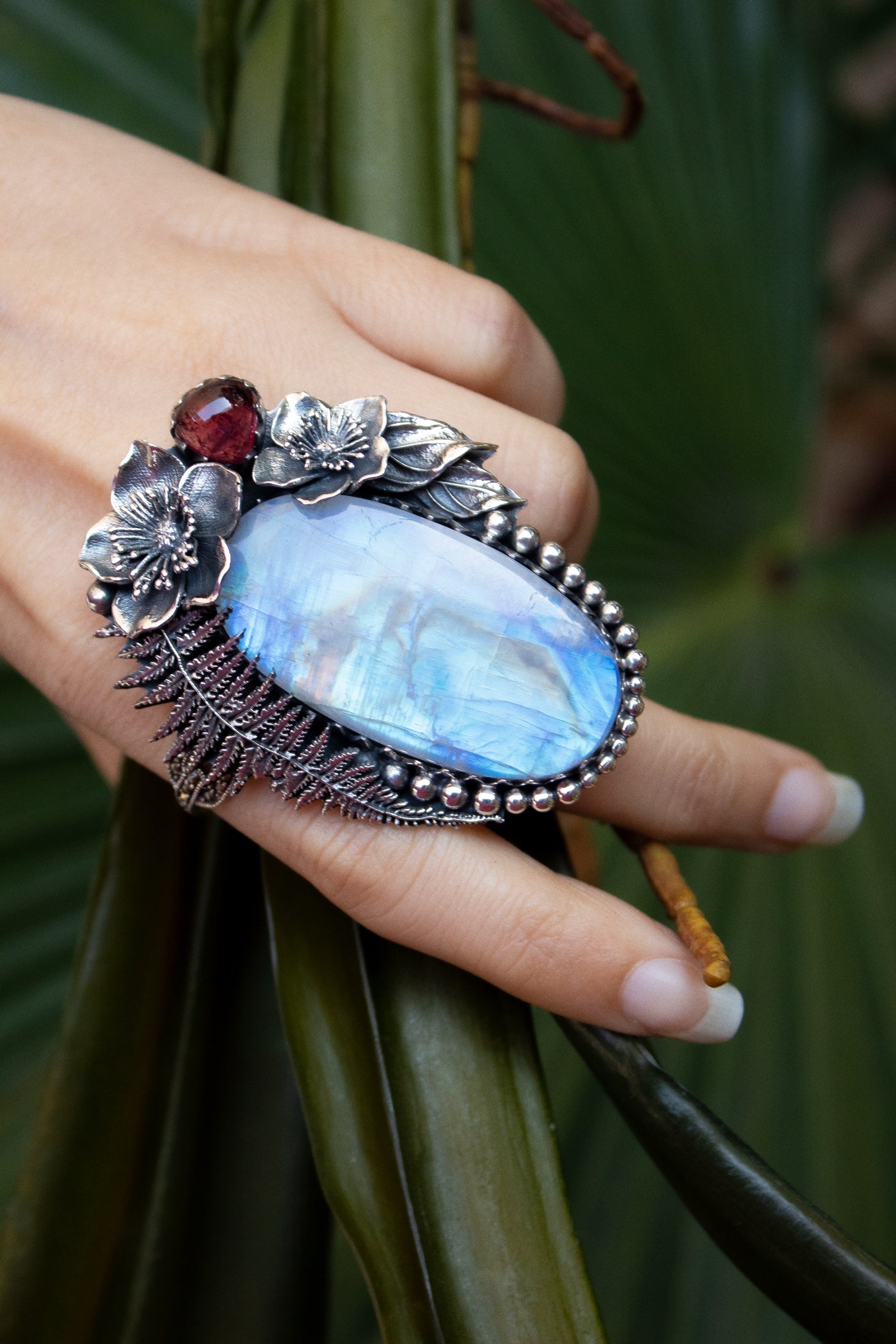 Ethereal Fern – Rainbow Moonstone & Pink Tourmaline Statement Ring, AR- 7345