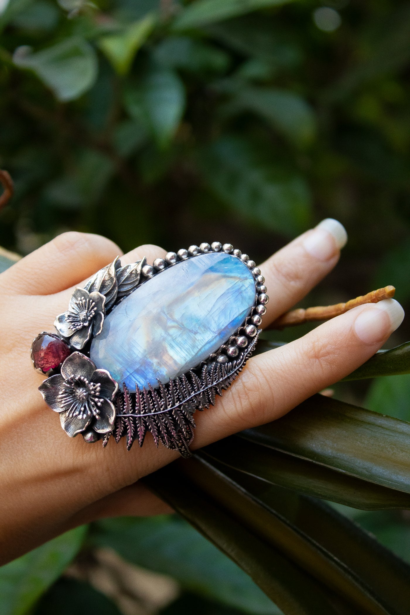 Ethereal Fern – Rainbow Moonstone & Pink Tourmaline Statement Ring, AR- 7345