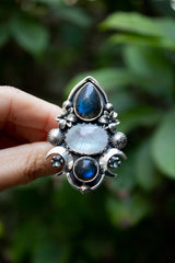 Celestial Aura — Labradorite, Moonstone & Mystic Topaz Ring, AR- 7769