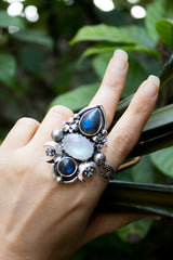 Celestial Aura — Labradorite, Moonstone & Mystic Topaz Ring, AR- 7769