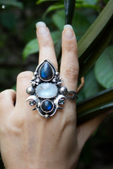 Celestial Aura — Labradorite, Moonstone & Mystic Topaz Ring, AR- 7769