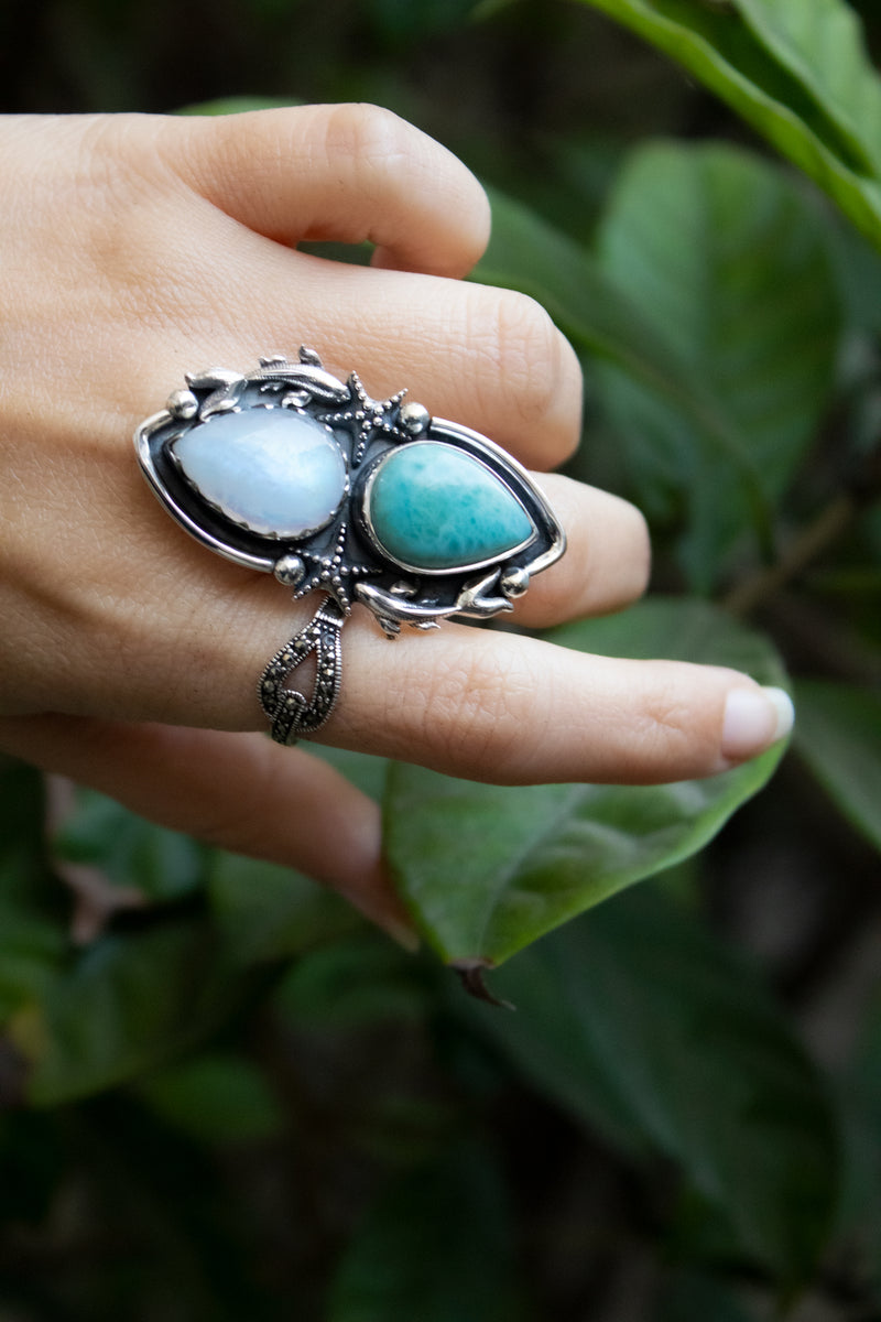 Ocean Moon — Moonstone & Larimar Ring, AR- 7771