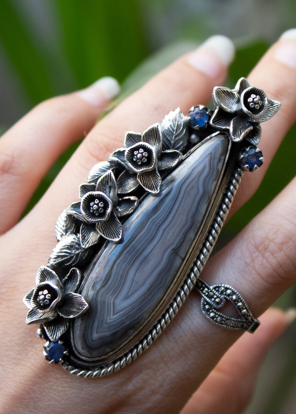 Botswana Beauty: Sterling Silver Ring with Daffodils and Kyanite AR-6935