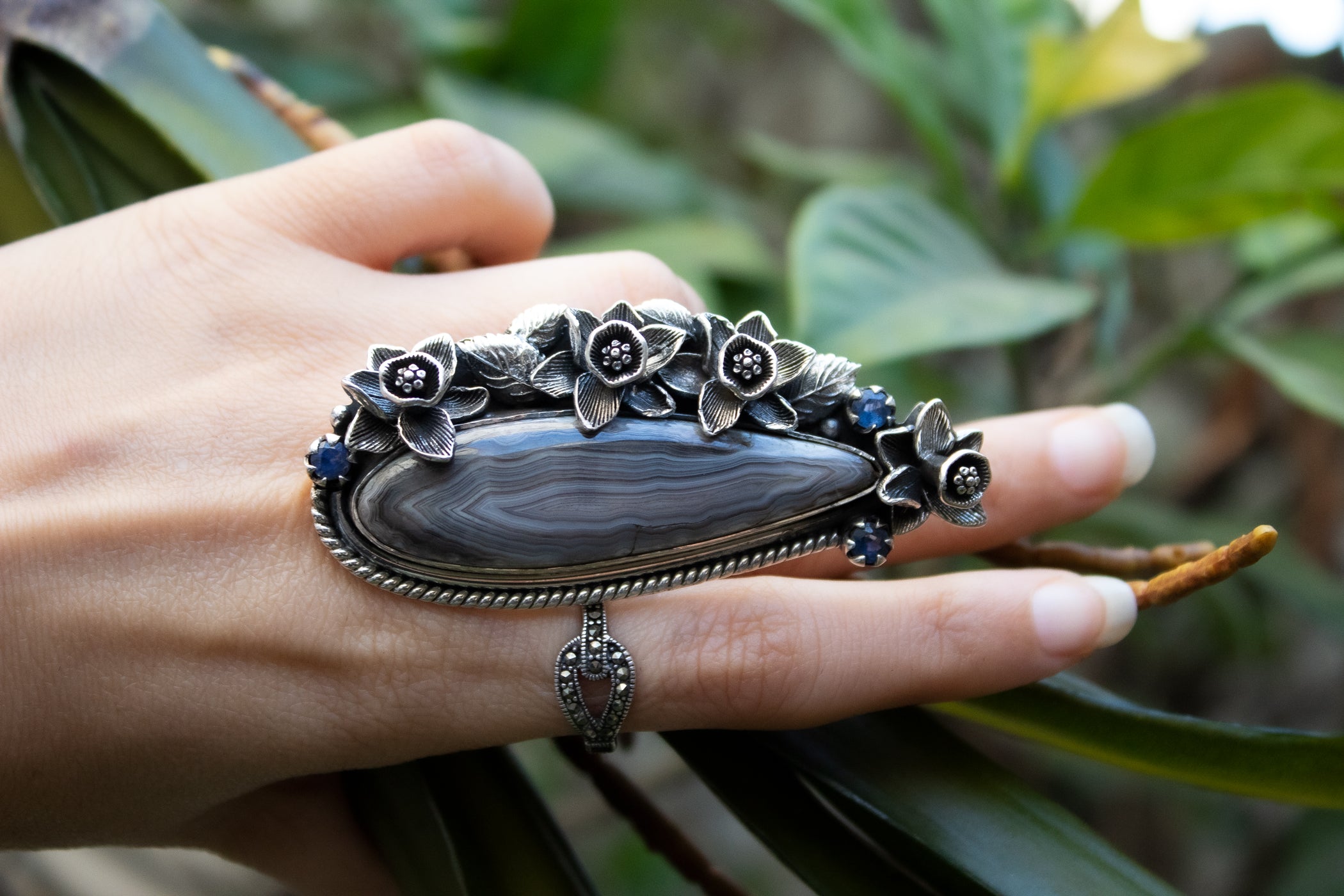 Botswana Beauty: Sterling Silver Ring with Daffodils and Kyanite AR-6935