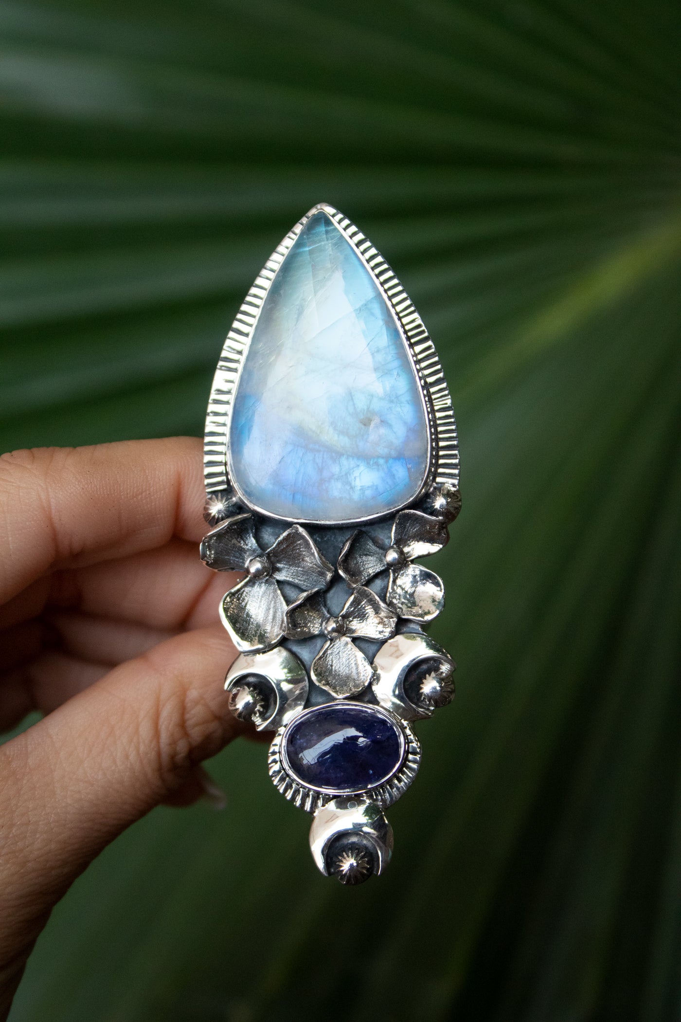 Lunar Grace – Blue Fire Moonstone & Tanzanite Floral Ring, AR- 7347