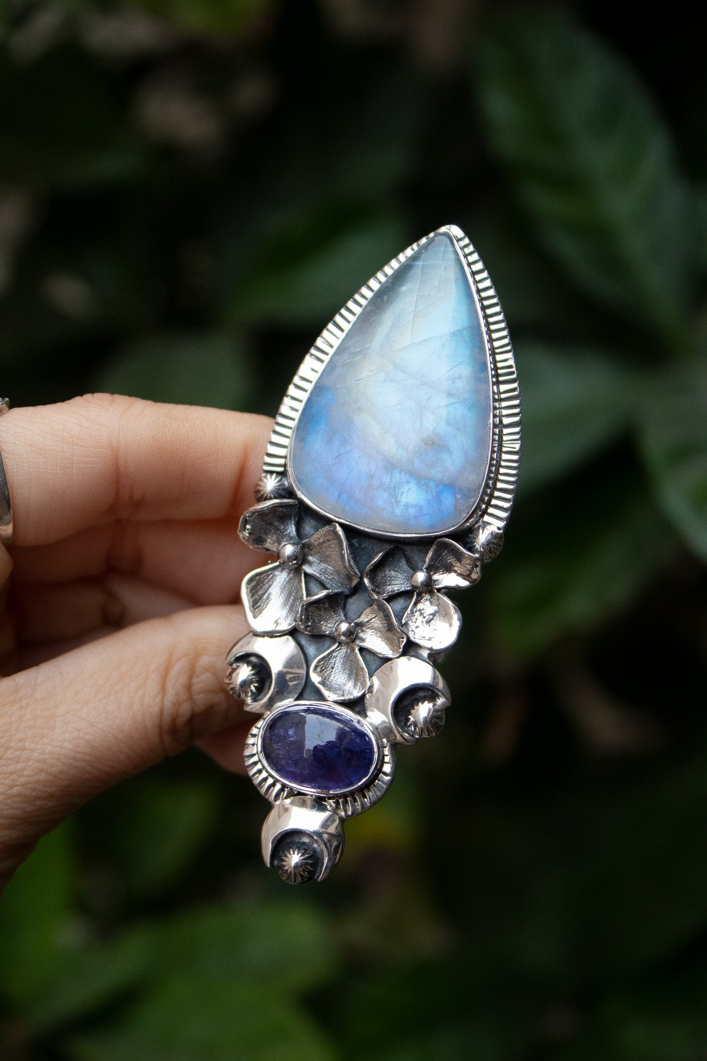 Lunar Grace – Blue Fire Moonstone & Tanzanite Floral Ring, AR- 7347