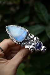 Lunar Grace – Blue Fire Moonstone & Tanzanite Floral Ring, AR- 7347