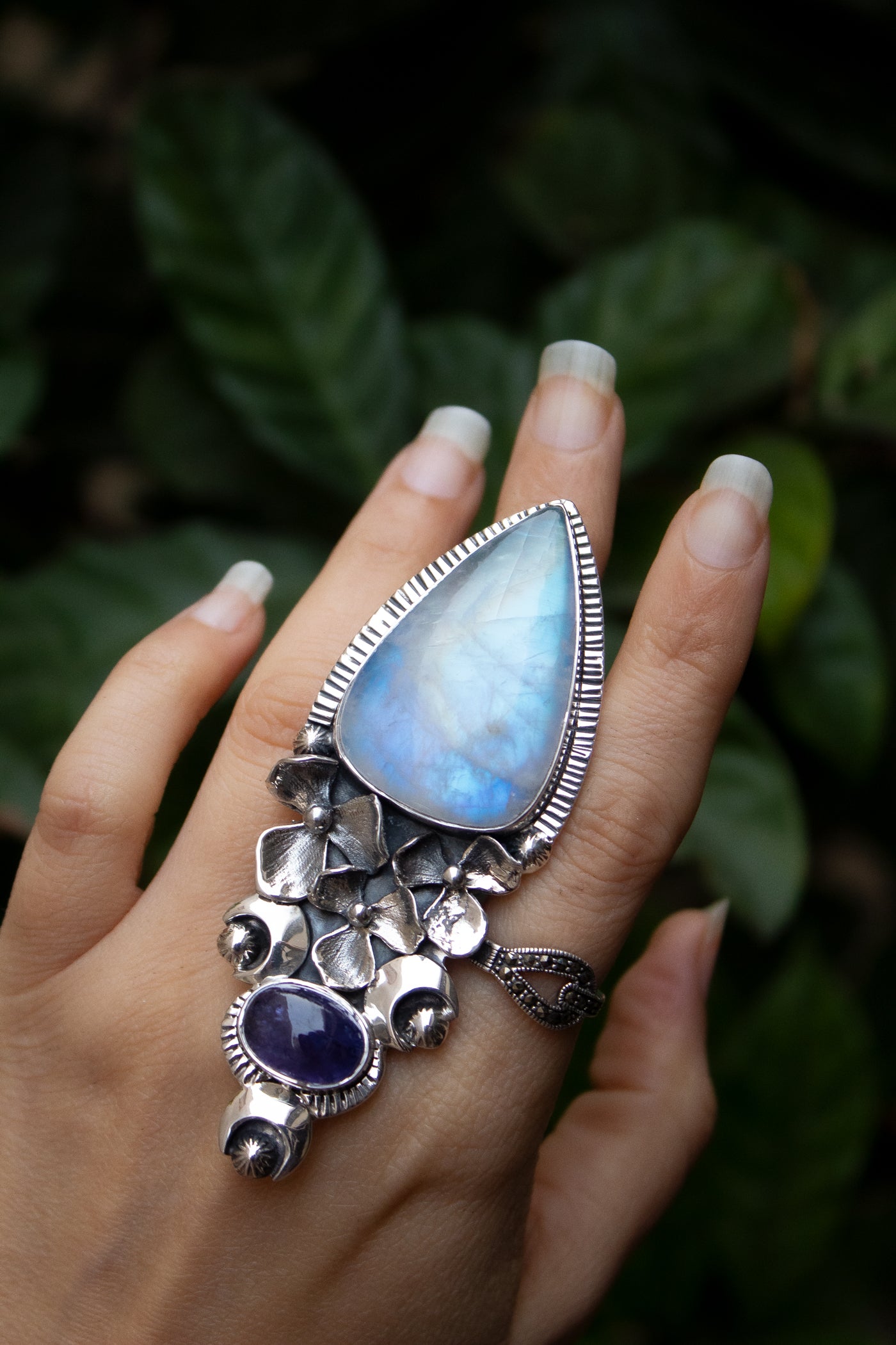 Lunar Grace – Blue Fire Moonstone & Tanzanite Floral Ring, AR- 7347