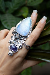 Lunar Grace – Blue Fire Moonstone & Tanzanite Floral Ring, AR- 7347