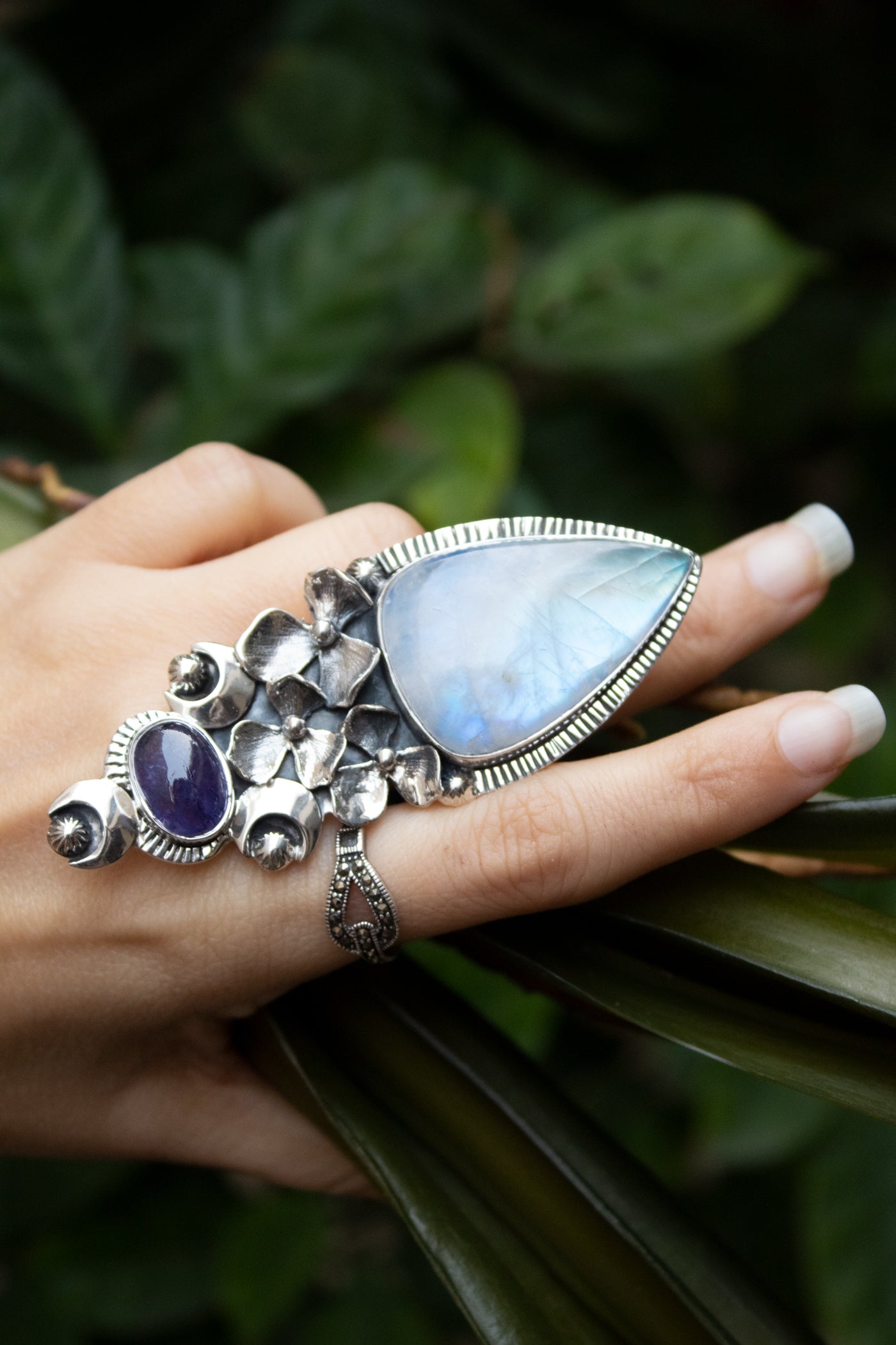 Lunar Grace – Blue Fire Moonstone & Tanzanite Floral Ring, AR- 7347