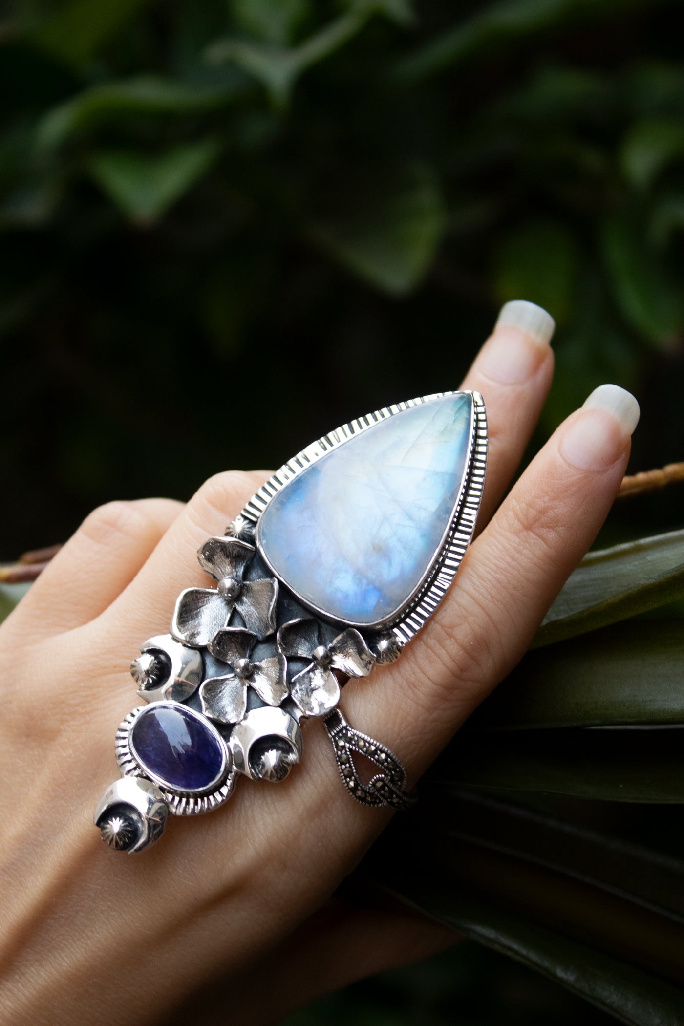 Lunar Grace – Blue Fire Moonstone & Tanzanite Floral Ring, AR- 7347