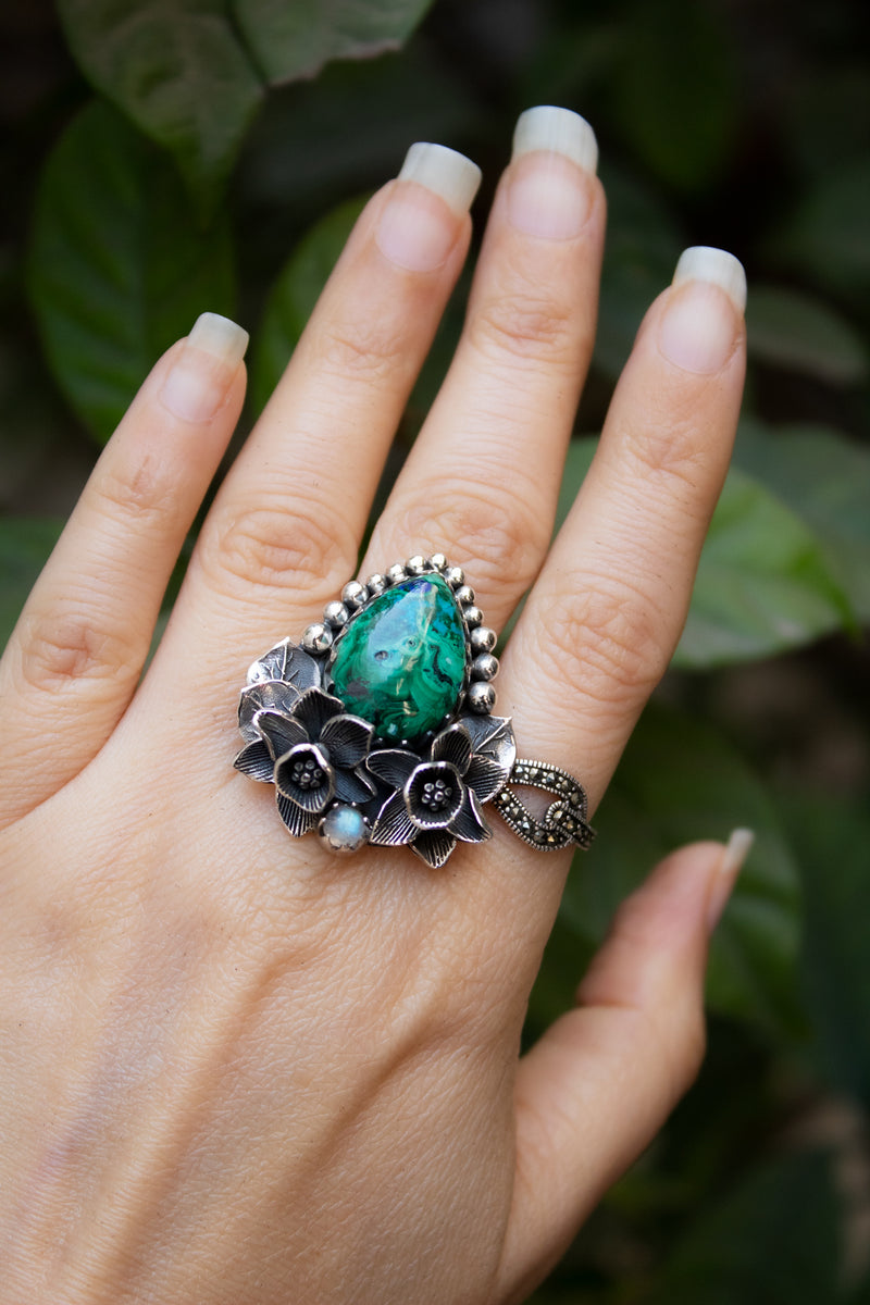 Emerald Harmony — Azurite Malachite & Moonstone Ring, AR- 7780
