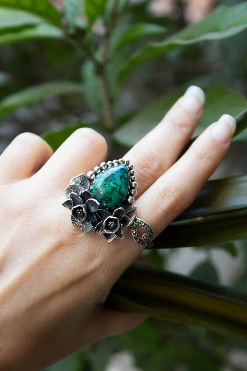 Emerald Harmony — Azurite Malachite & Moonstone Ring, AR- 7780