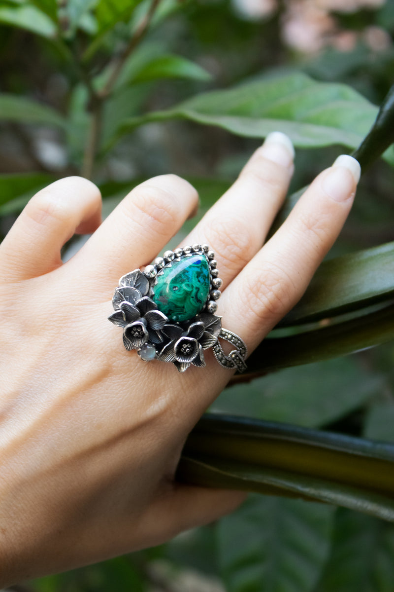 Emerald Harmony — Azurite Malachite & Moonstone Ring, AR- 7780
