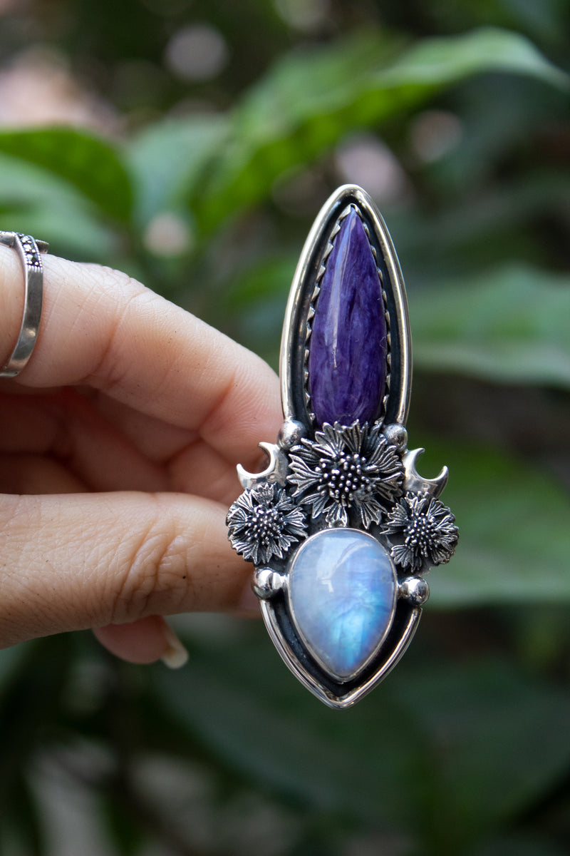 Mystic Echo — Charoite & Moonstone Ring, AR- 7782