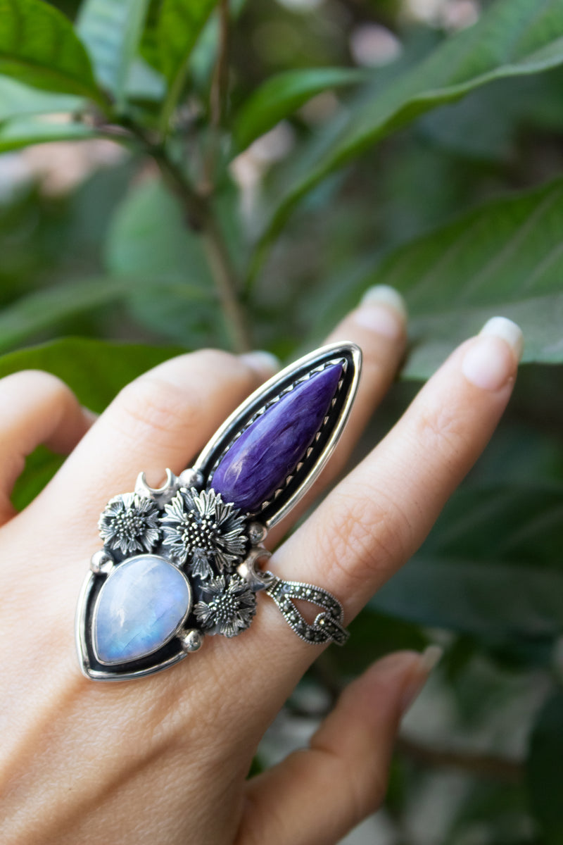 Mystic Echo — Charoite & Moonstone Ring, AR- 7782