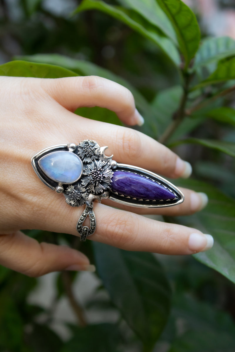 Mystic Echo — Charoite & Moonstone Ring, AR- 7782