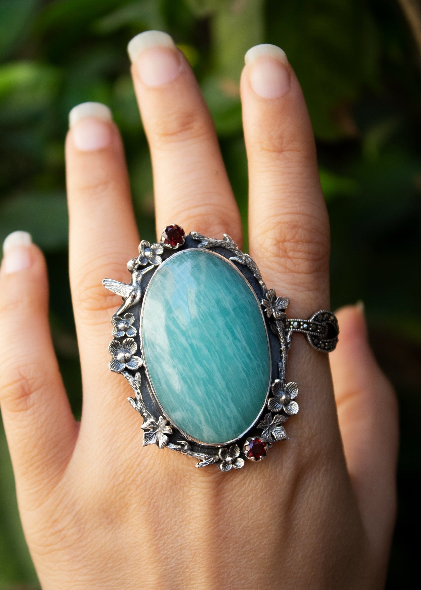 Amazonite With Garnet Ring, Sterling Silver Handmade Ring, AR-6627