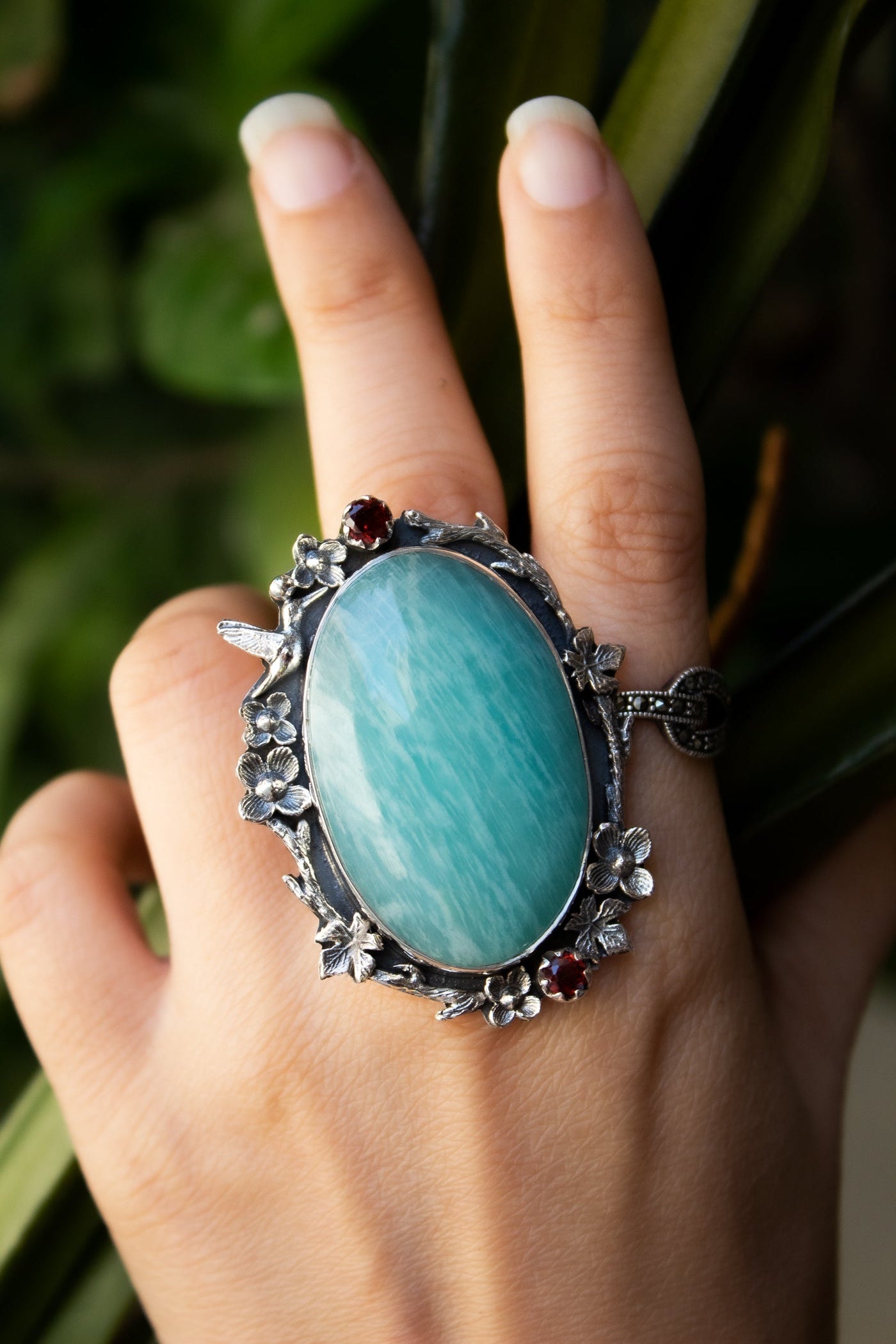 Amazonite With Garnet Ring, Sterling Silver Handmade Ring, AR-6627