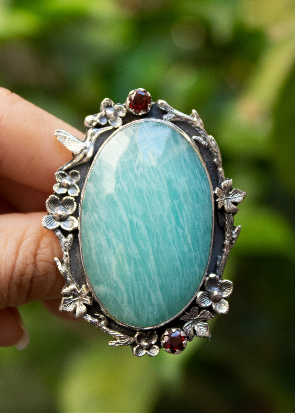 Amazonite With Garnet Ring, Sterling Silver Handmade Ring, AR-6627