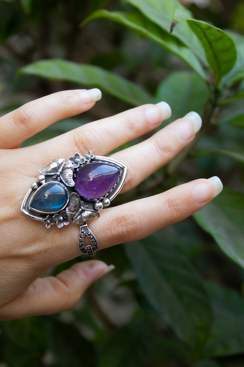 Aurora Mist — Labradorite & Amethyst Ring, AR- 7787