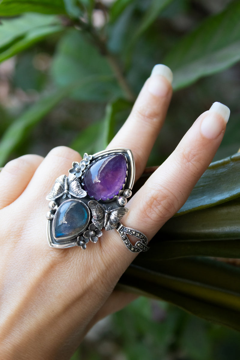 Aurora Mist — Labradorite & Amethyst Ring, AR- 7787
