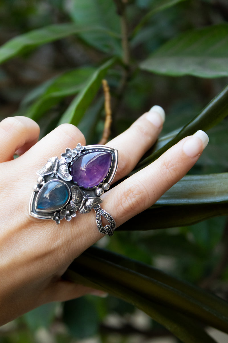 Aurora Mist — Labradorite & Amethyst Ring, AR- 7787