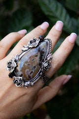 Eternal Bloom – Stick Tube Agate & Smoky Quartz Statement Ring, AR-7357