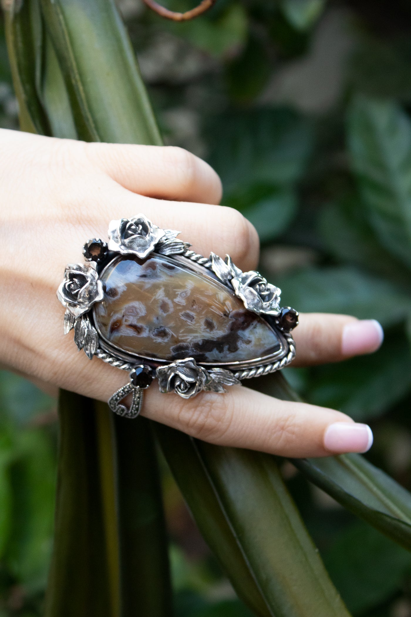 Eternal Bloom – Stick Tube Agate & Smoky Quartz Statement Ring, AR-7357