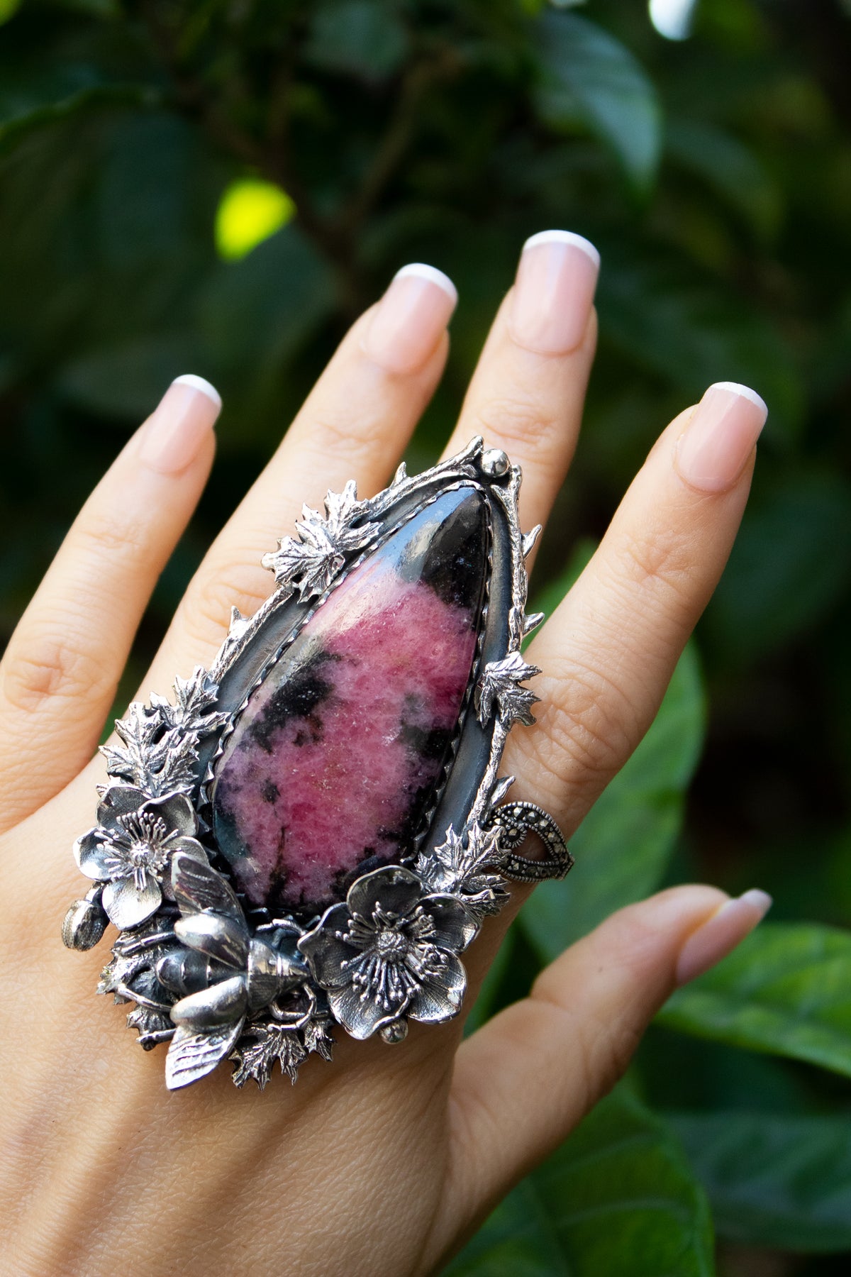 Anillo de rodonita, anillo de plata esterlina de rodonita, anillo de piedra de rodonita natural, joyería de rodonita hecha a mano AR-1238