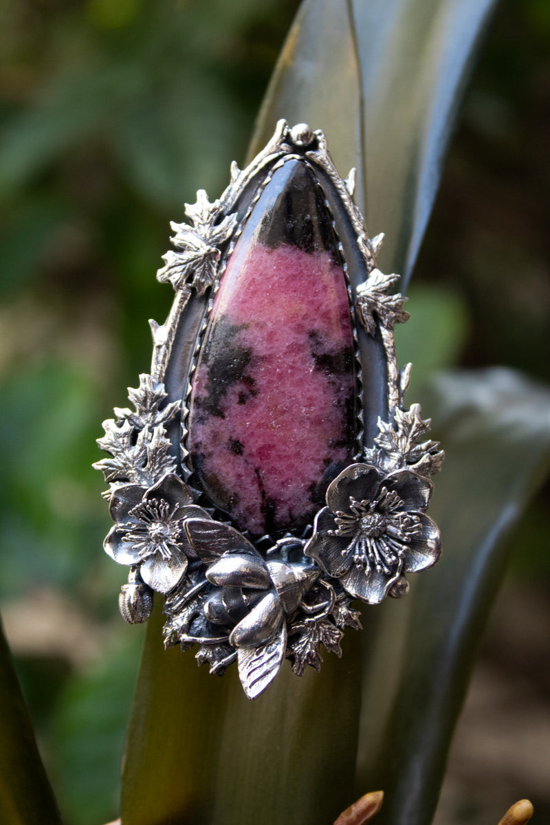 Anillo de rodonita, anillo de plata esterlina de rodonita, anillo de piedra de rodonita natural, joyería de rodonita hecha a mano AR-1238