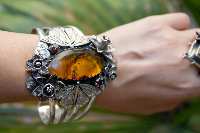 Botanical Whimsy: Handcrafted Sterling Silver Cuff with Amber