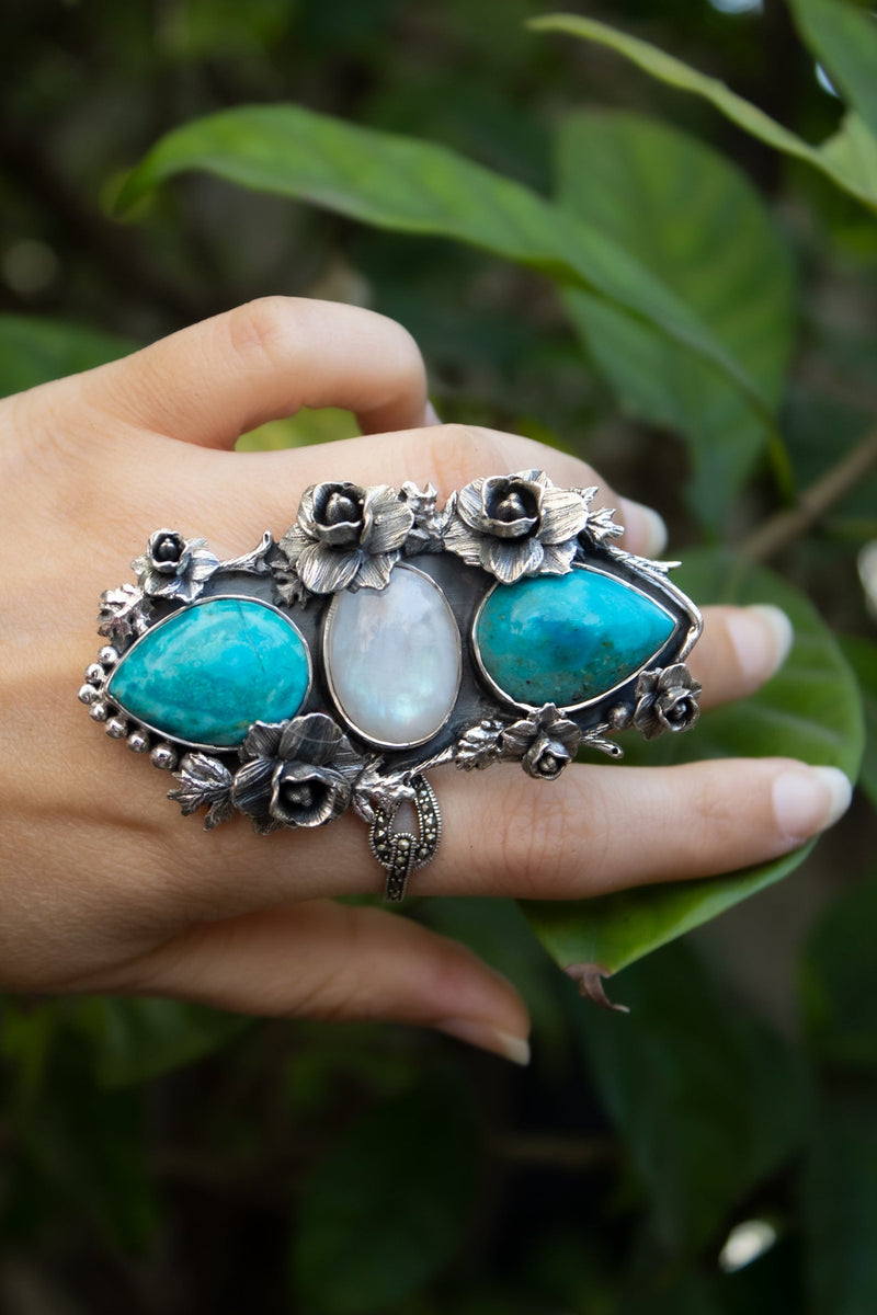Desert Bloom Trinity: Turquoise & Moonstone Ring, AR-7810